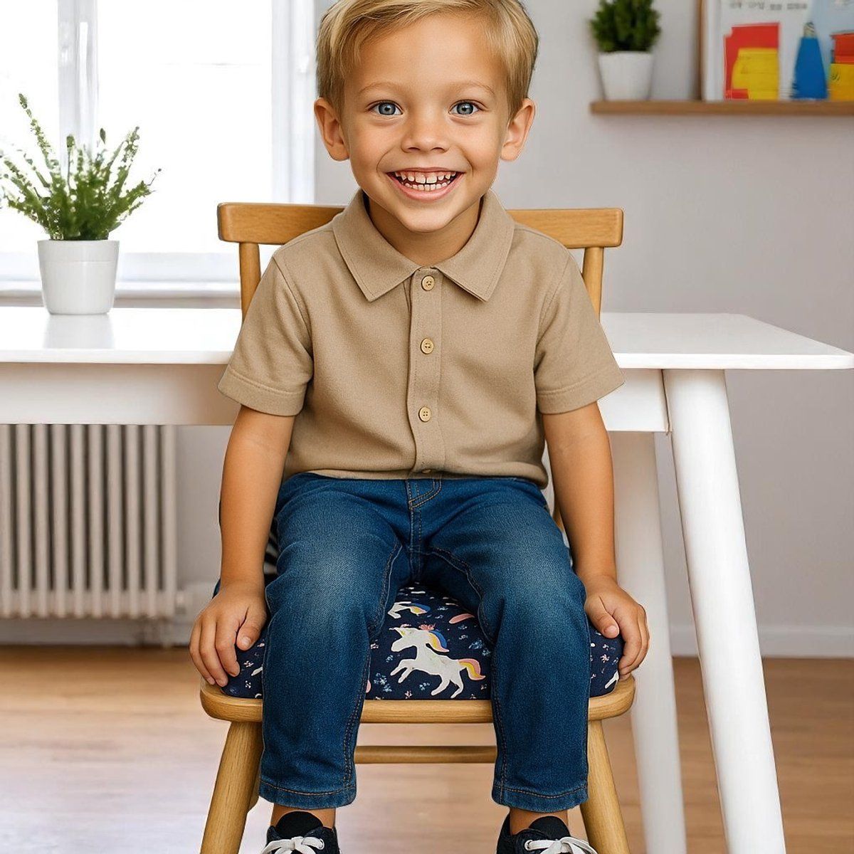 Blue unicorn print toddler booster seat cushion with adjustable safety straps, foam riser, washable polyester cover, 32x32 cm.