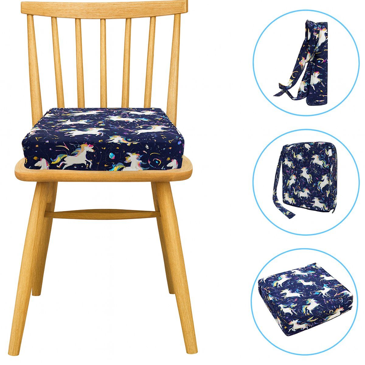 Blue unicorn print toddler booster seat cushion with adjustable safety straps, foam riser, washable polyester cover, 32x32 cm.