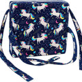 Blue unicorn print toddler booster seat cushion with foam padding, adjustable safety straps, washable polyester cover, 32x32 cm.