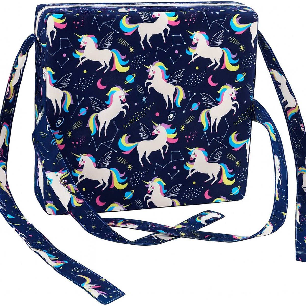 Blue unicorn print toddler booster seat cushion with foam padding, adjustable safety straps, washable polyester cover, 32x32 cm.