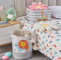 Foldable cotton canvas kids toy storage basket with 3D lion design, handles, and drawstring for nursery organization, 35x40 cm.