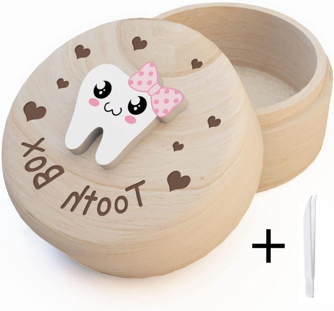 Pink wooden tooth fairy box with lid and mini tweezers, keepsake storage case for kids' baby teeth, featuring a pink bow.
