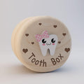 Pink wooden Tooth Fairy box with lid and mini tweezers, keepsake case for storing baby teeth, featuring a pink bow for kids' memory gift.