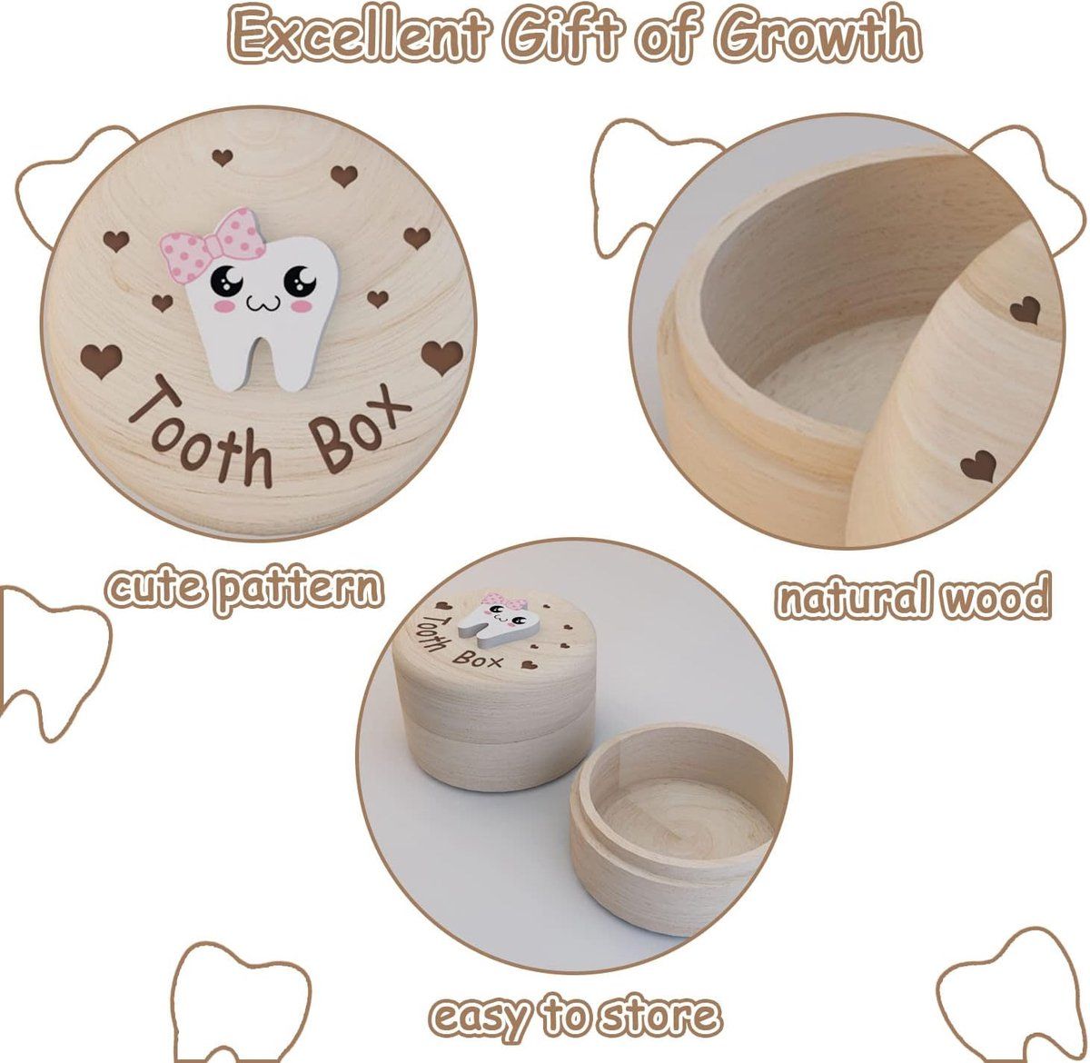 Pink wooden Tooth Fairy box with lid and mini tweezers for kids' baby teeth storage, featuring a pink bow and natural finish.