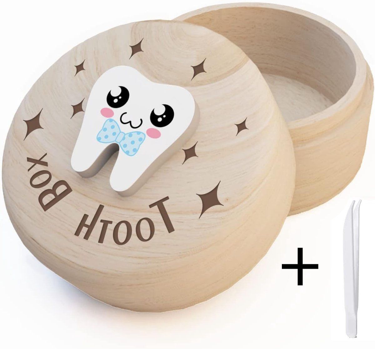 Natural wooden tooth fairy box with printed lid and mini tweezers, designed for storing baby teeth, suitable for kids and toddlers.