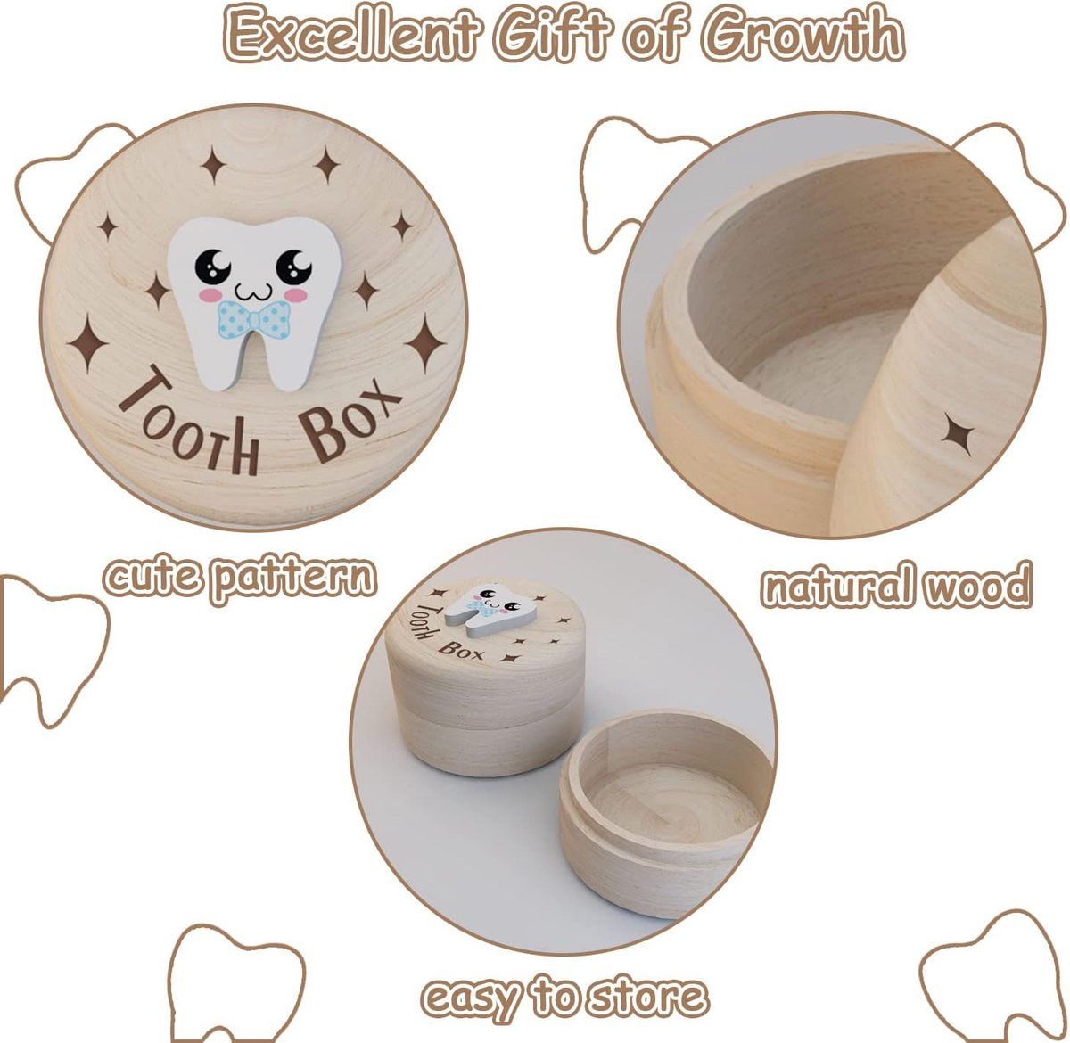 Natural wooden Tooth Fairy box with printed lid and mini tweezers for kids, baby teeth storage, beige small size from Everything Baby.