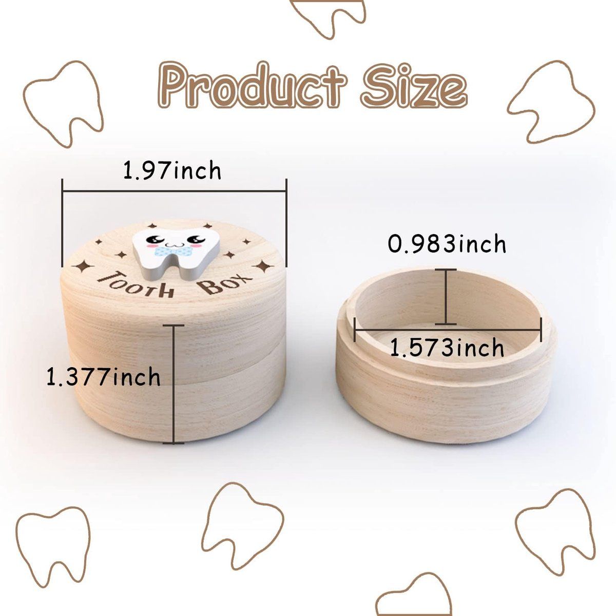 Natural wooden tooth fairy box with printed lid, mini tweezers, beige small keepsake case for storing baby teeth, suitable for kids.