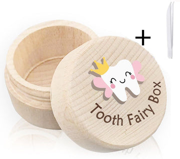 Wooden Tooth Fairy Box with lid and mini tweezers, keepsake case for kids’ baby teeth, natural round wooden storage gift