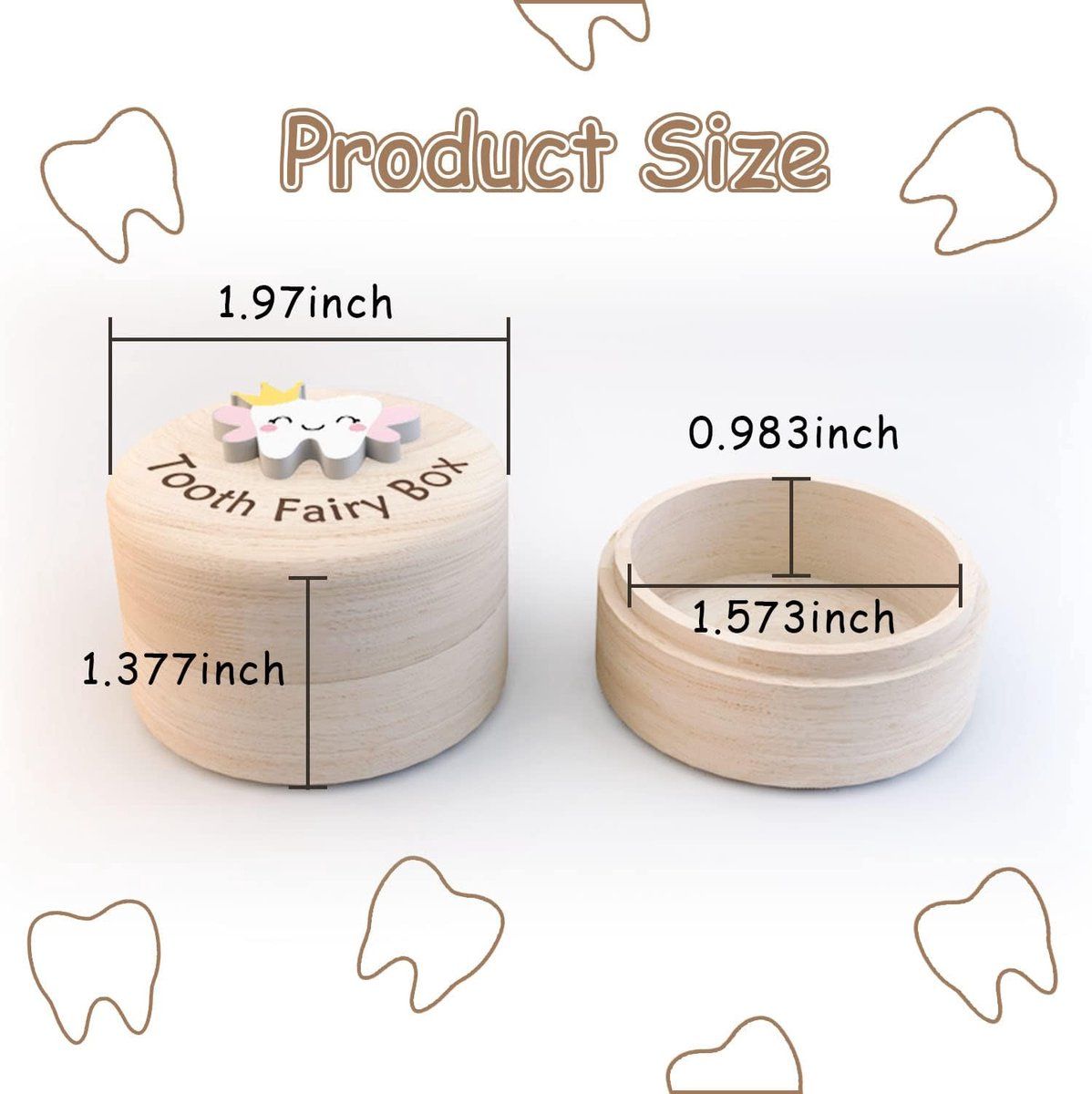 Wooden Tooth Fairy Box with lid and mini tweezers for kids' baby teeth storage, natural round wood keepsake case.
