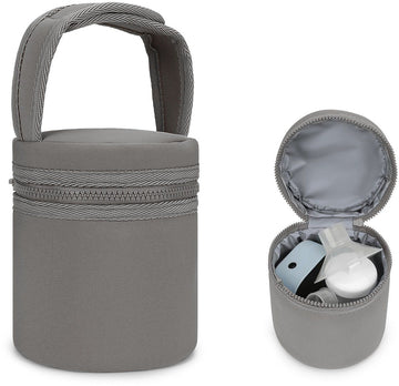 Gray and brown insulated breast milk cooler bag with removable strap, designed for travel and keeping bottles at constant temperature.