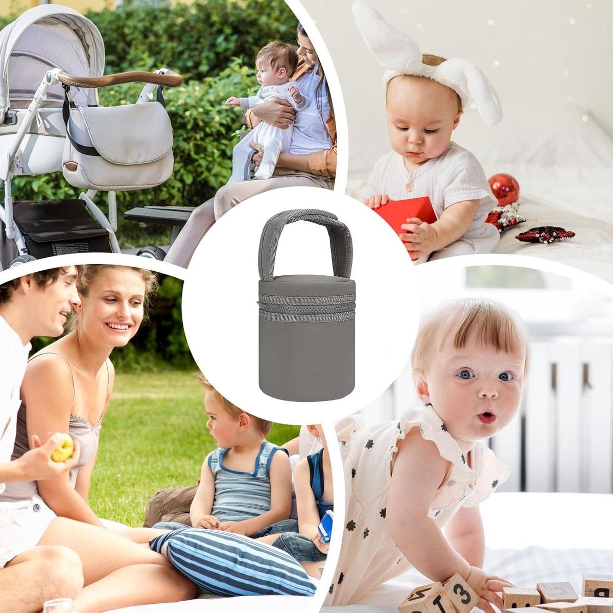 Gray insulated breast milk cooler bag with removable strap for travel, designed for nursing and bottle storage by Everything Baby.