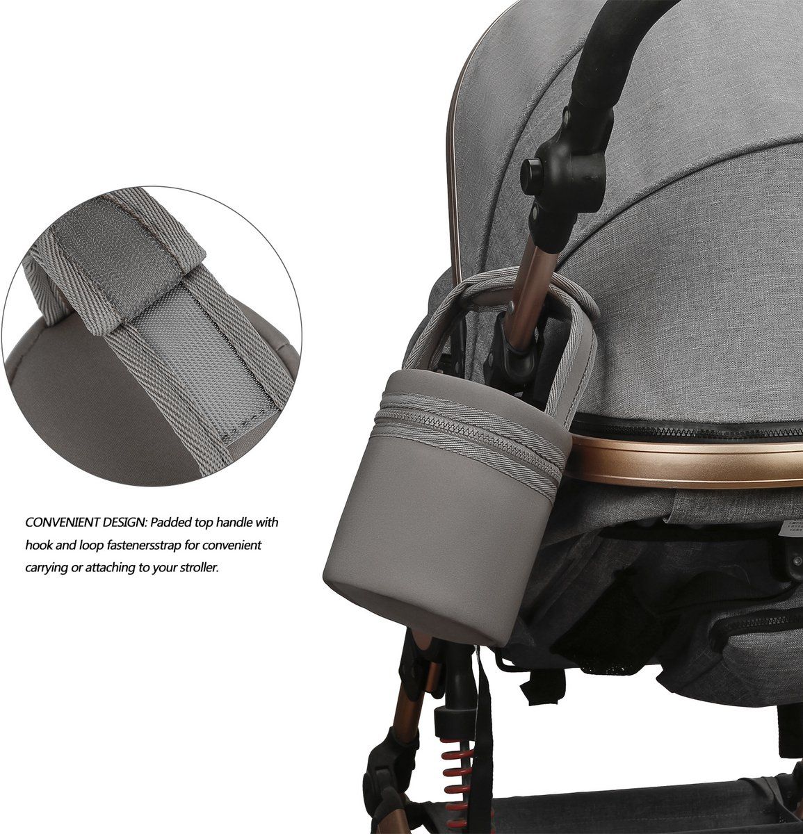 Gray and brown insulated breast milk cooler bag with removable strap, ideal for travel and nursing, keeps bottles at constant temperature.
