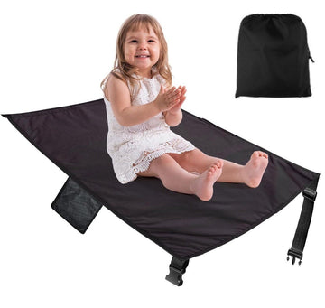 Gray foldable airplane seat extender for toddlers with Oxford fabric and anti-slip base, designed for kids' travel sleeping comfort.