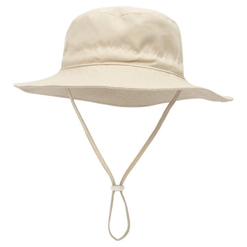 Baby & Kids breathable cotton wide brim sun hat with adjustable chin strap, beige color, suitable for outdoor beach travel.
