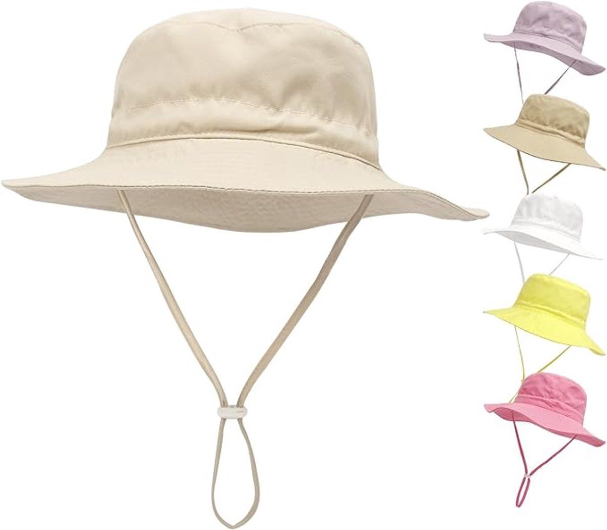 Baby Sun Hat by Everything Baby, breathable cotton wide brim bucket hat with adjustable chin strap for outdoor beach travel.