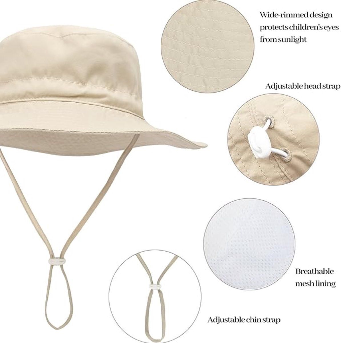Baby & Kids breathable cotton wide brim sun hat with adjustable chin strap, beige color, suitable for beach and outdoor travel.