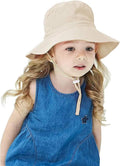 Baby and Kids breathable cotton wide brim bucket hat with adjustable chin strap in beige, suitable for beach and outdoor activities.