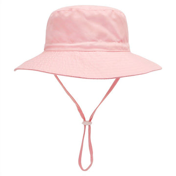 Pink baby sun hat with wide brim, breathable cotton, foldable bucket style for infants, outdoor beach travel, size 44-46 cm.