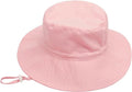Pink baby sun hat with wide brim, breathable cotton, foldable bucket style for infants, outdoor beach travel, size XS 44-46 cm.