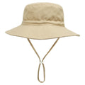 Baby and toddler wide brim sun hat by Everything Baby, breathable cotton bucket hat with chin strap, khaki, foldable for beach and travel.