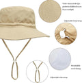 Baby sun hat by Everything Baby, lightweight khaki wide brim cotton bucket hat with chin strap for infants 0-8 months.