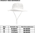 White baby sun hat with wide brim, lightweight breathable cotton, foldable beach bucket hat for boys and girls aged 0-8 months.