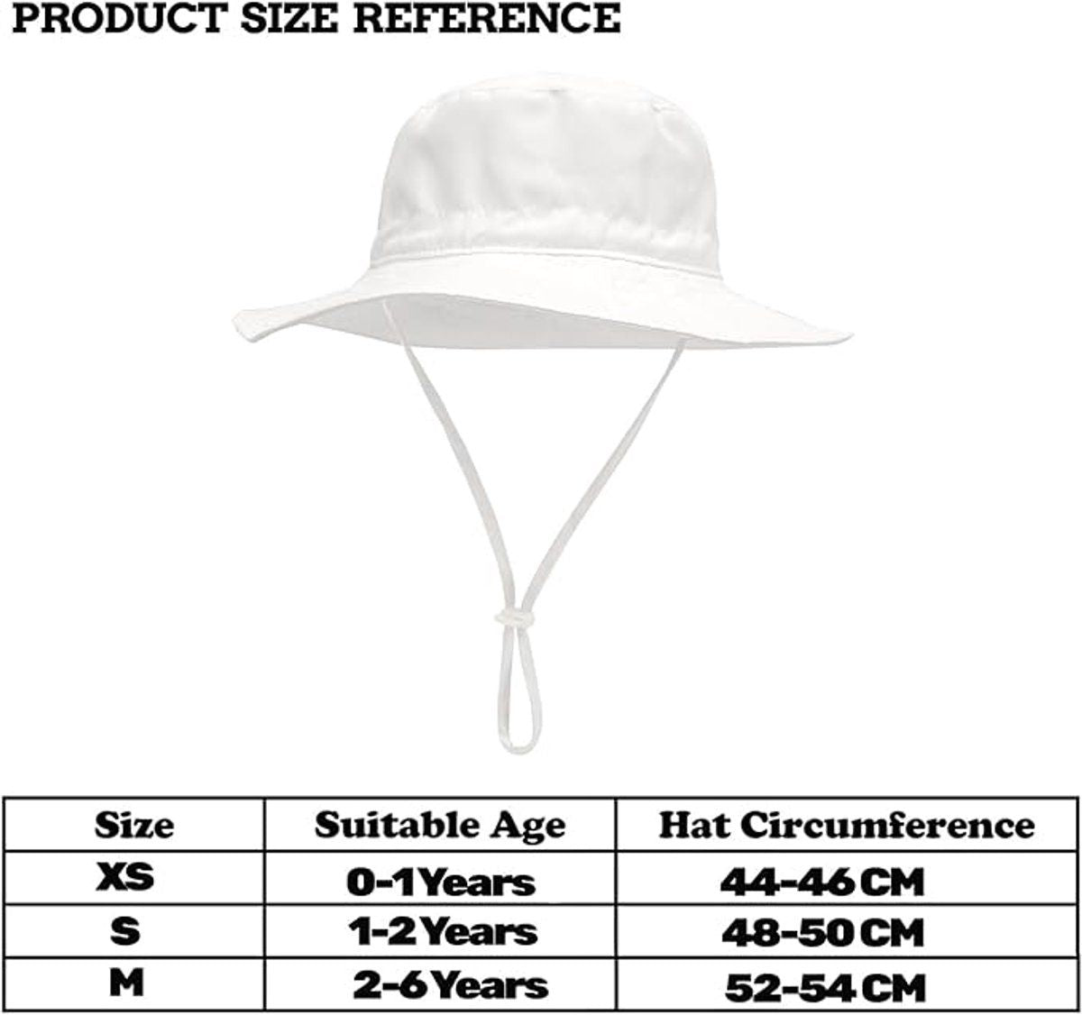 White baby sun hat with wide brim, lightweight breathable cotton, foldable beach bucket hat for boys and girls aged 0-8 months.
