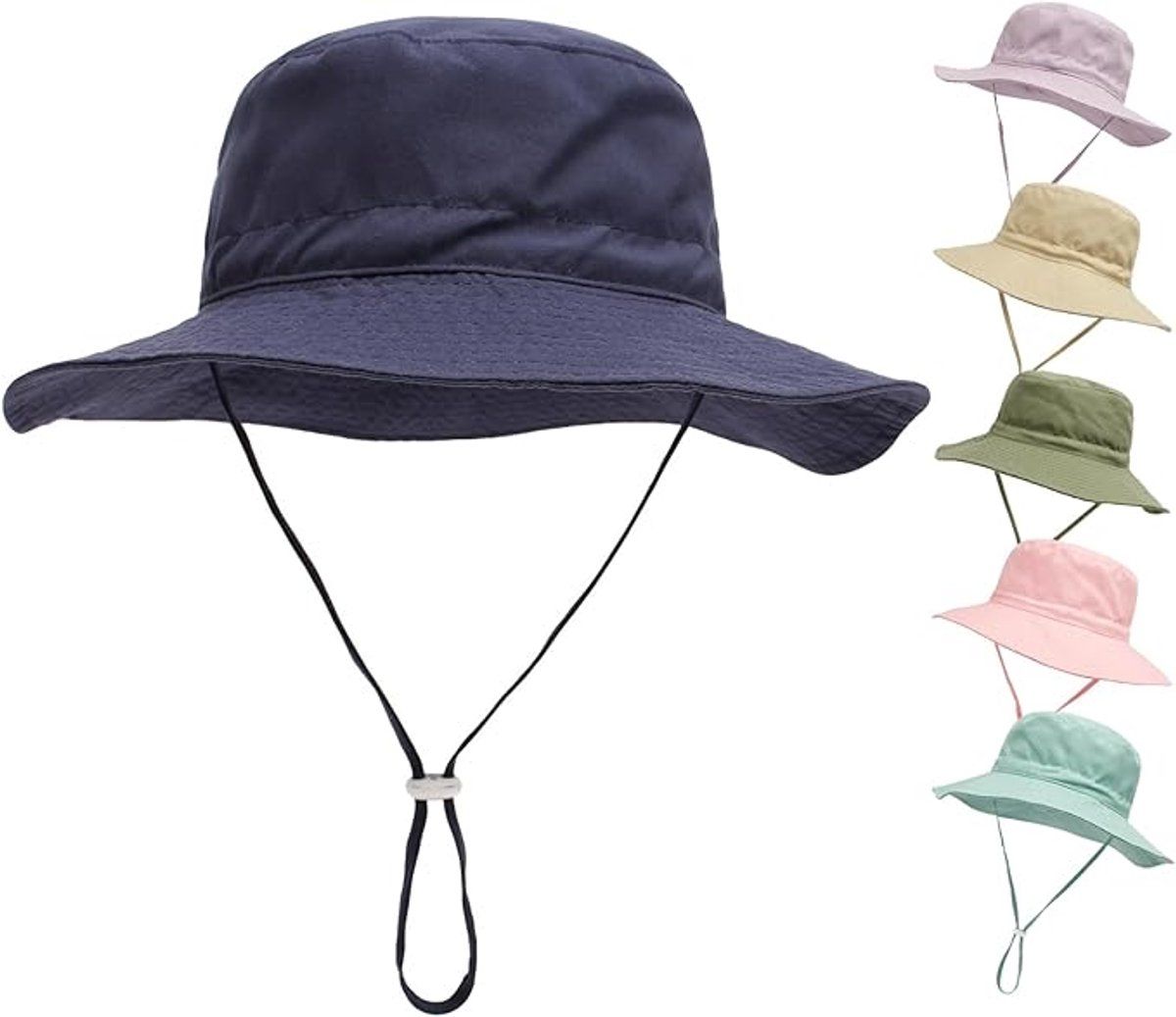 Baby & Kids breathable dark blue cotton wide brim sun hat by Everything Baby, foldable bucket style for outdoor and beach use.