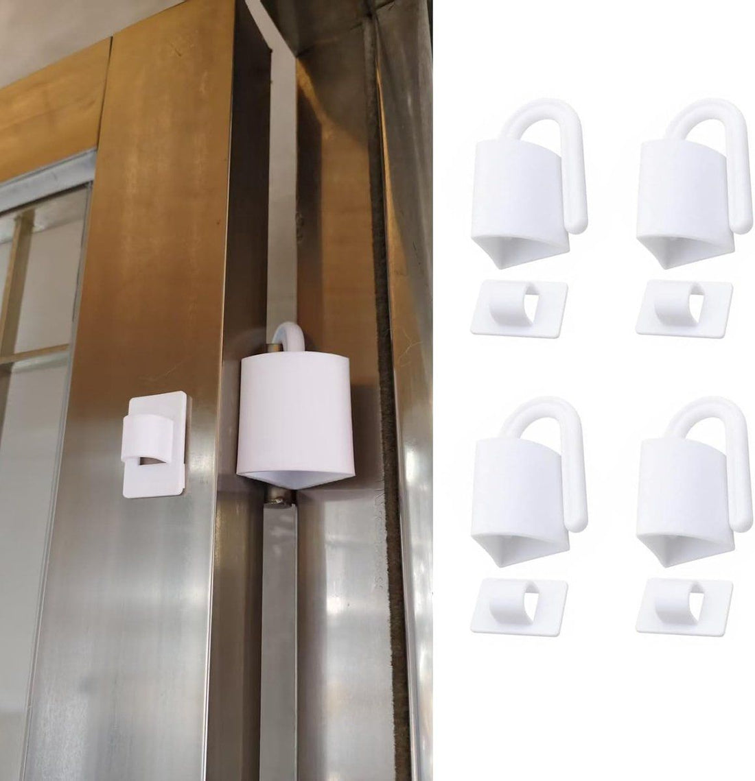 White 4-pack door finger pinch guard set with hooks, ABS safety buffers for kids and pets, prevents door slamming, 7x4 cm