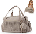 Grey large capacity diaper bag tote with wide opening, multiple pockets, changing pad, and pacifier case for travel and hospital use.