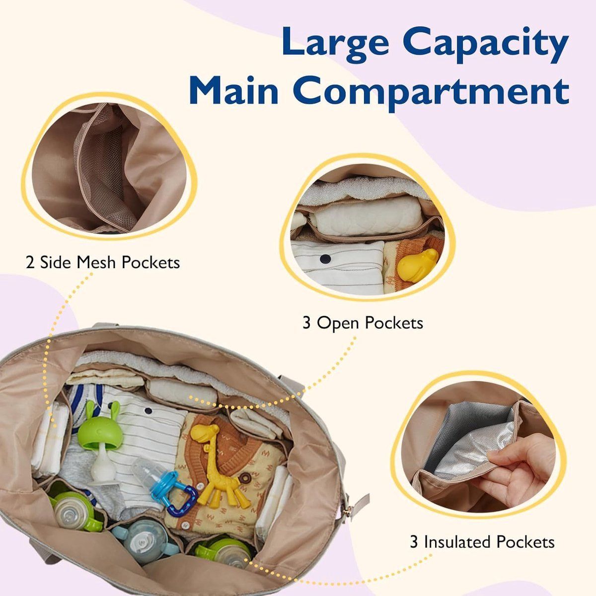 Grey large capacity diaper bag tote with wide opening, multiple pockets, changing pad, and pacifier case for travel and hospital visits.