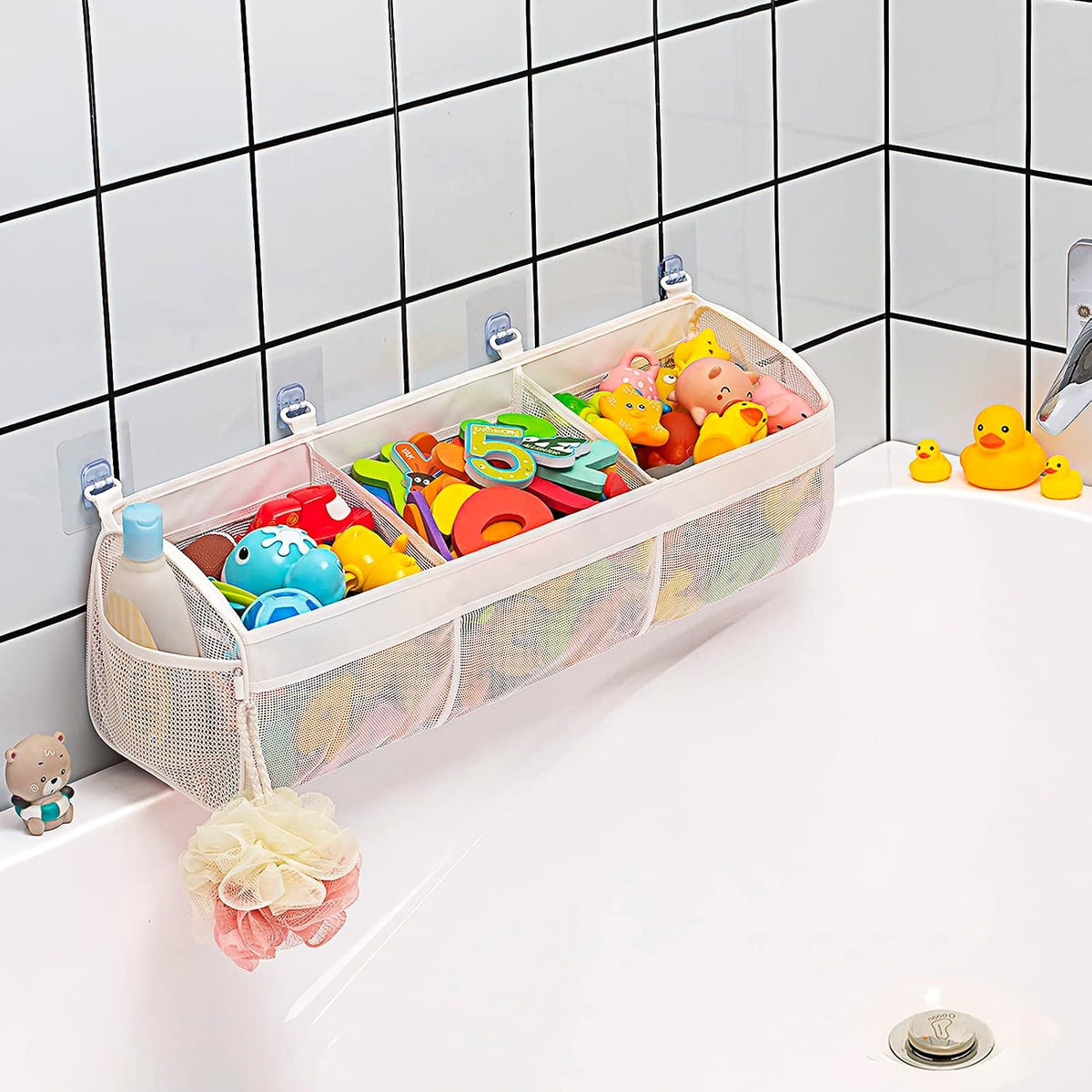 Baby and kids bath toy organizer with three compartments, made by Everything Baby, for easy storage of bath toys.