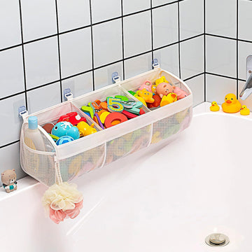 Baby and kids bath toy organizer with three compartments, made by Everything Baby, for easy storage of bath toys.