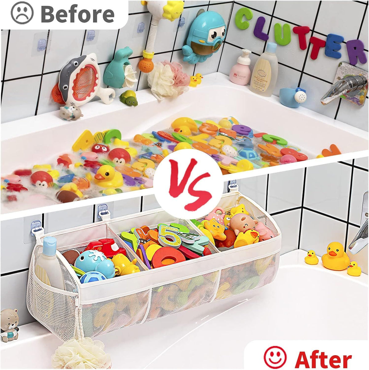 Baby and kids' bath toy organizer with three compartments, made by Everything Baby, for easy storage of bath toys.