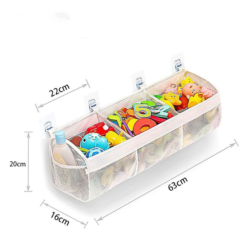 Baby bath toy organizer with three compartments, made by Everything Baby, for easy storage of kids' bath toys.