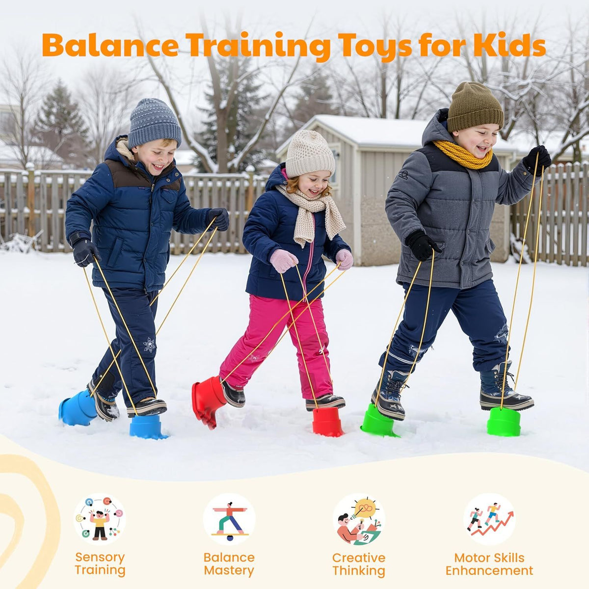 Four pairs of children's balance stilts with monster leg design, playful activity toy for kids by Everything Baby.