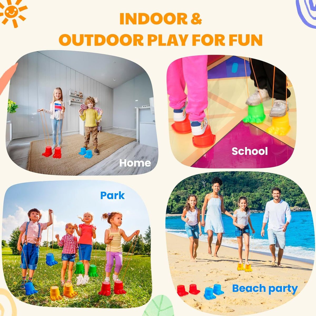 Four pairs of children's balance stilts with monster leg design, colorful activity toys for kids from Everything Baby.