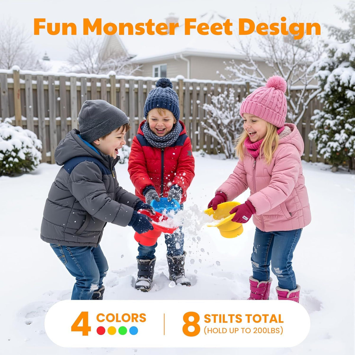 Four pairs of children's balance stilts with monster leg design, perfect for active kids' activity and play.