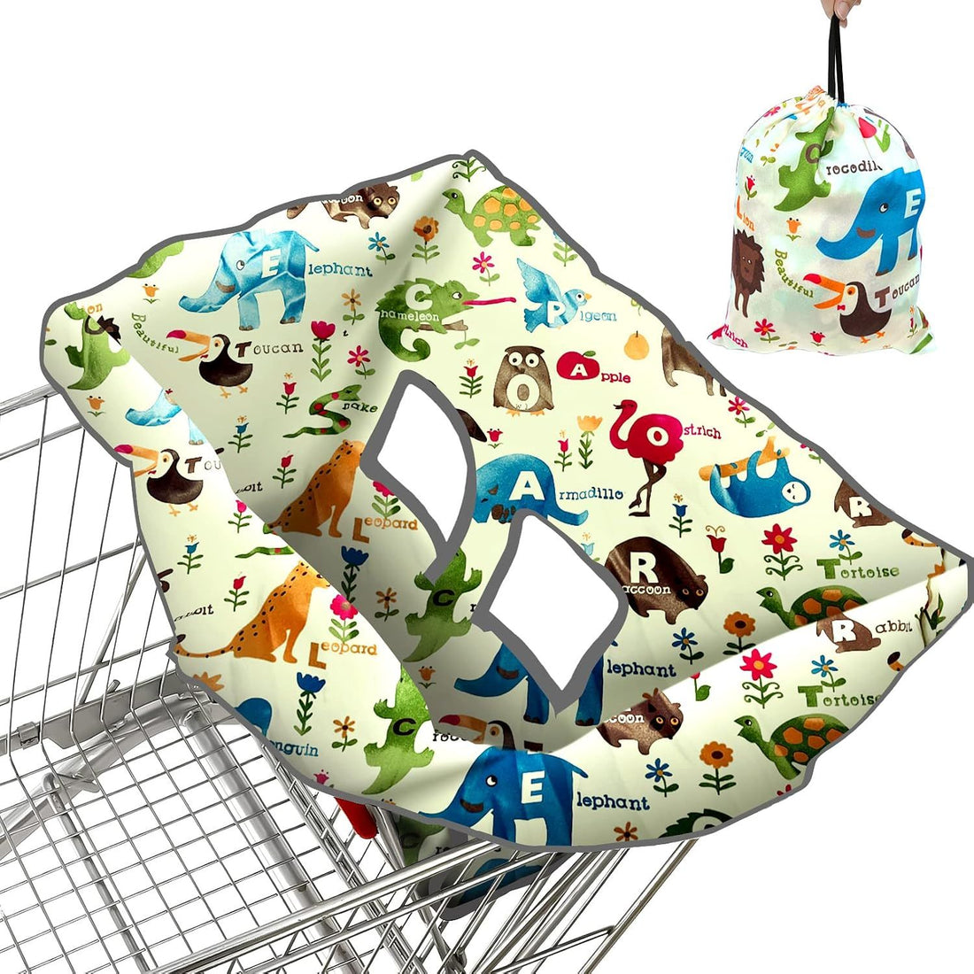 Baby shopping cart and high chair cover by Everything Baby, with carry bag, designed for safe, clean seating for kids.