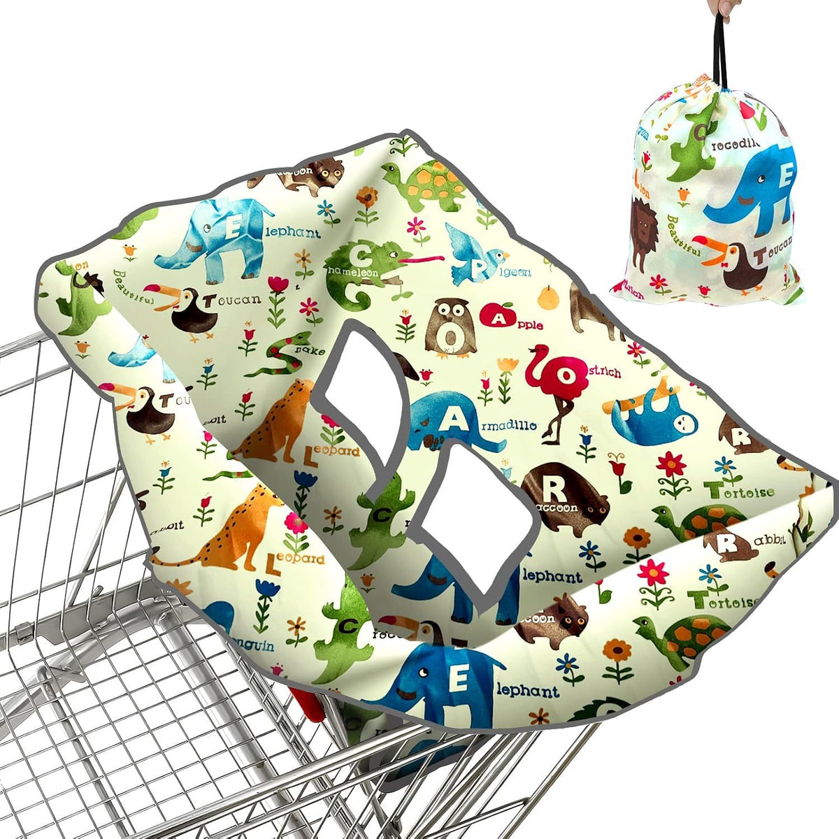 Baby shopping cart and high chair cover by Everything Baby, with carry bag, designed for safe, clean seating for kids.