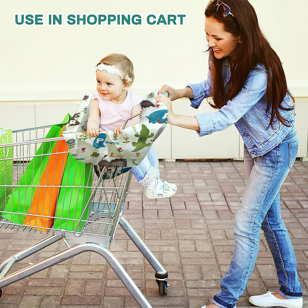 Baby shopping cart and high chair cover by Everything Baby, shown with carry bag, designed for kid's furniture and easy transport.
