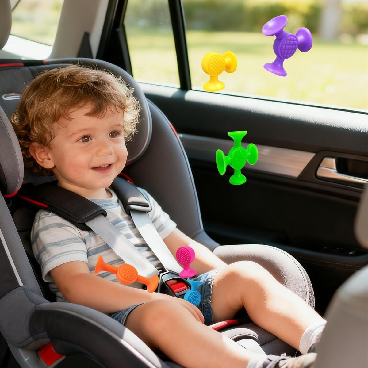 Colorful 12-piece suction cup bath toy set for children, featuring fun shapes and bright designs for bath time play.