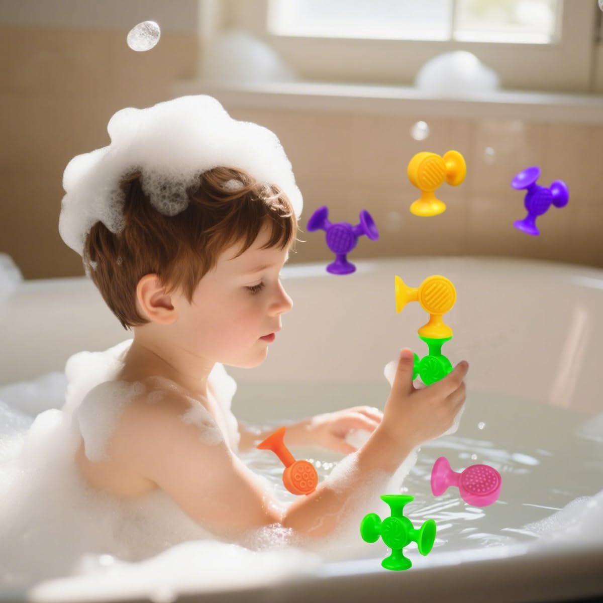 12-piece suction cup bath toy set for children by Everything Baby, featuring colorful waterproof toys for bath time fun.