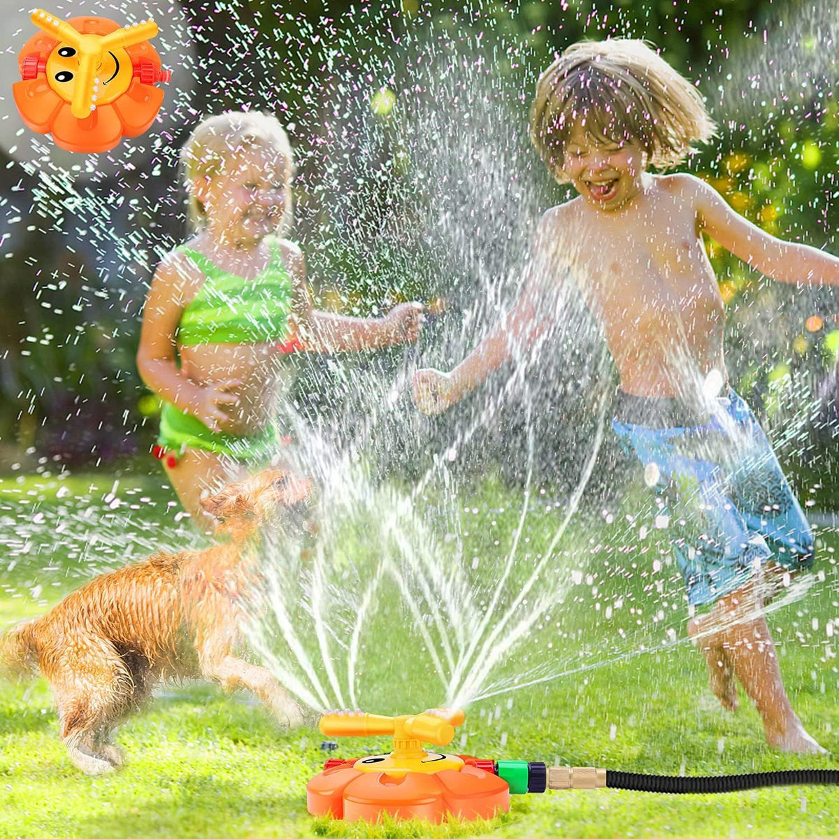 Children's water sprinkler from Everything Baby with 360-degree rotation and hose connection, ideal for outdoor play.