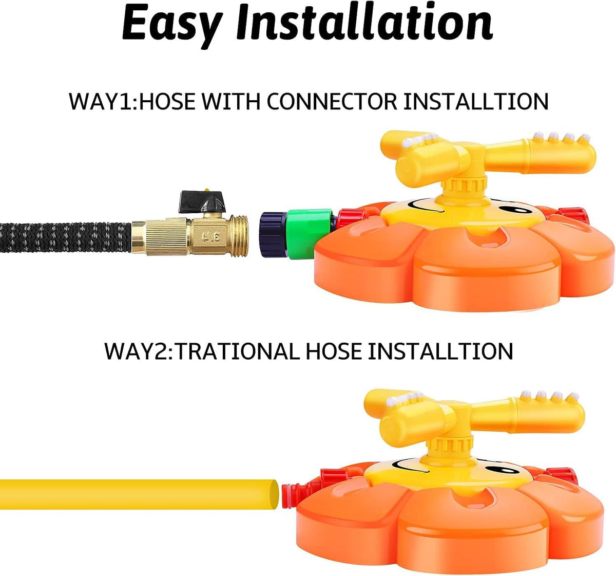 Children's water sprinkler from Everything Baby, 360-degree rotating outdoor toy with hose connection for kids' outdoor play.