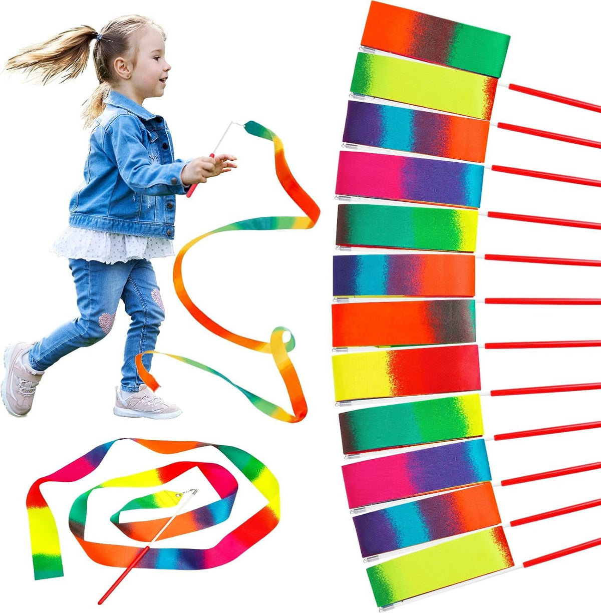 Colorful 12-piece rainbow dance ribbons for kids, 200 cm long, ideal for children’s activity and dance play from Everything Baby.