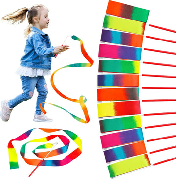 Colorful 12-piece rainbow dance ribbons for kids, 200 cm long, ideal for children’s activity and dance play from Everything Baby.