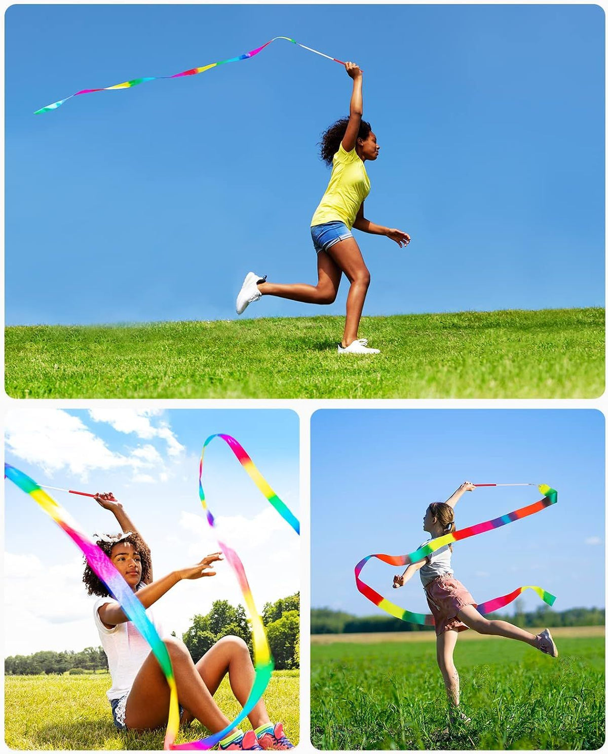 Colorful 12-piece rainbow dance ribbons for kids, each 200 cm long, designed for active play and creative movement.