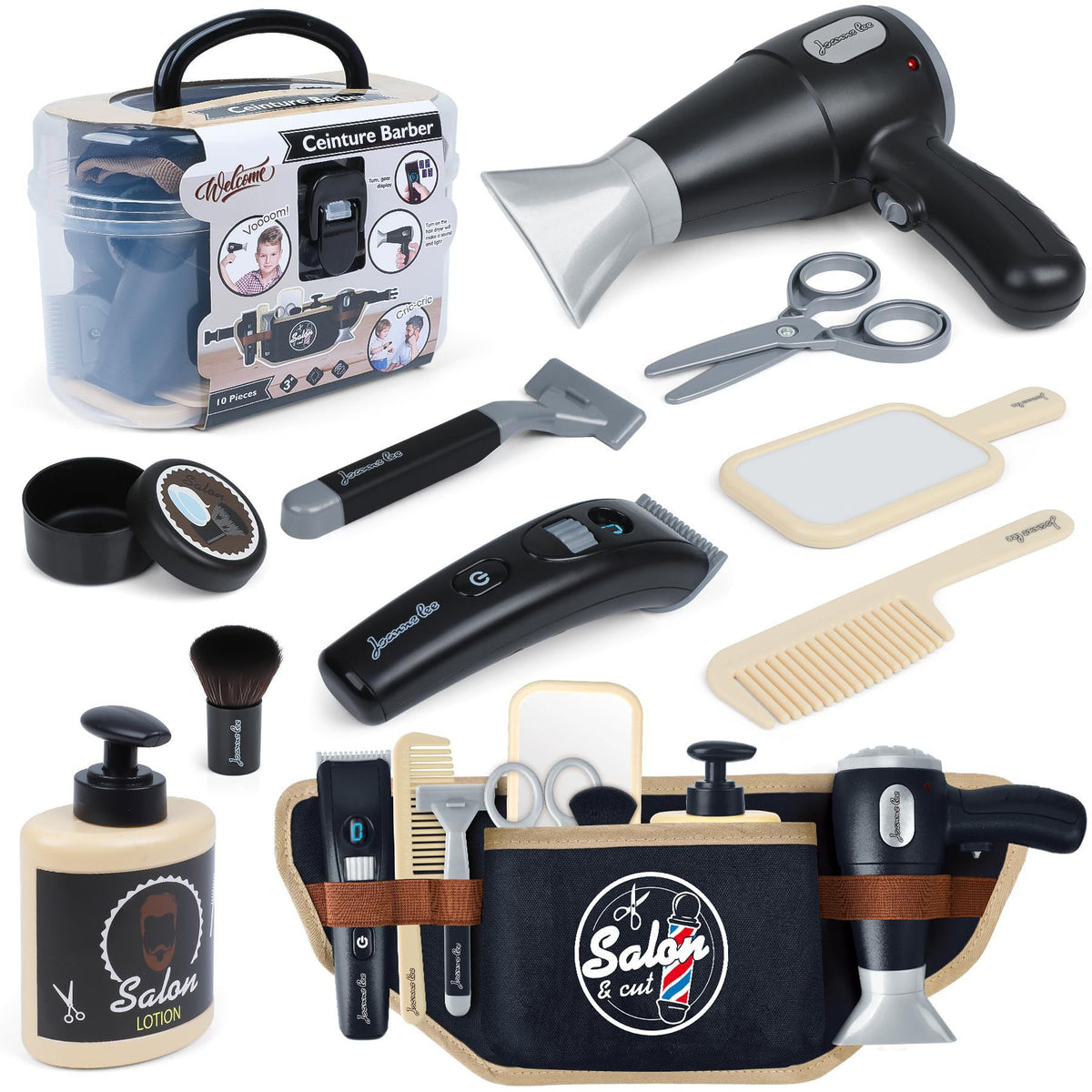Children's pretend hairdresser toy set with tools and belt for kids ages 3 and up, designed for imaginative play.
