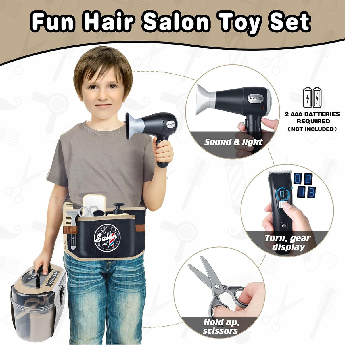Children's pretend hairdresser toy set with colorful tools and tool belt for kids aged 3 and up, ideal for imaginative play.